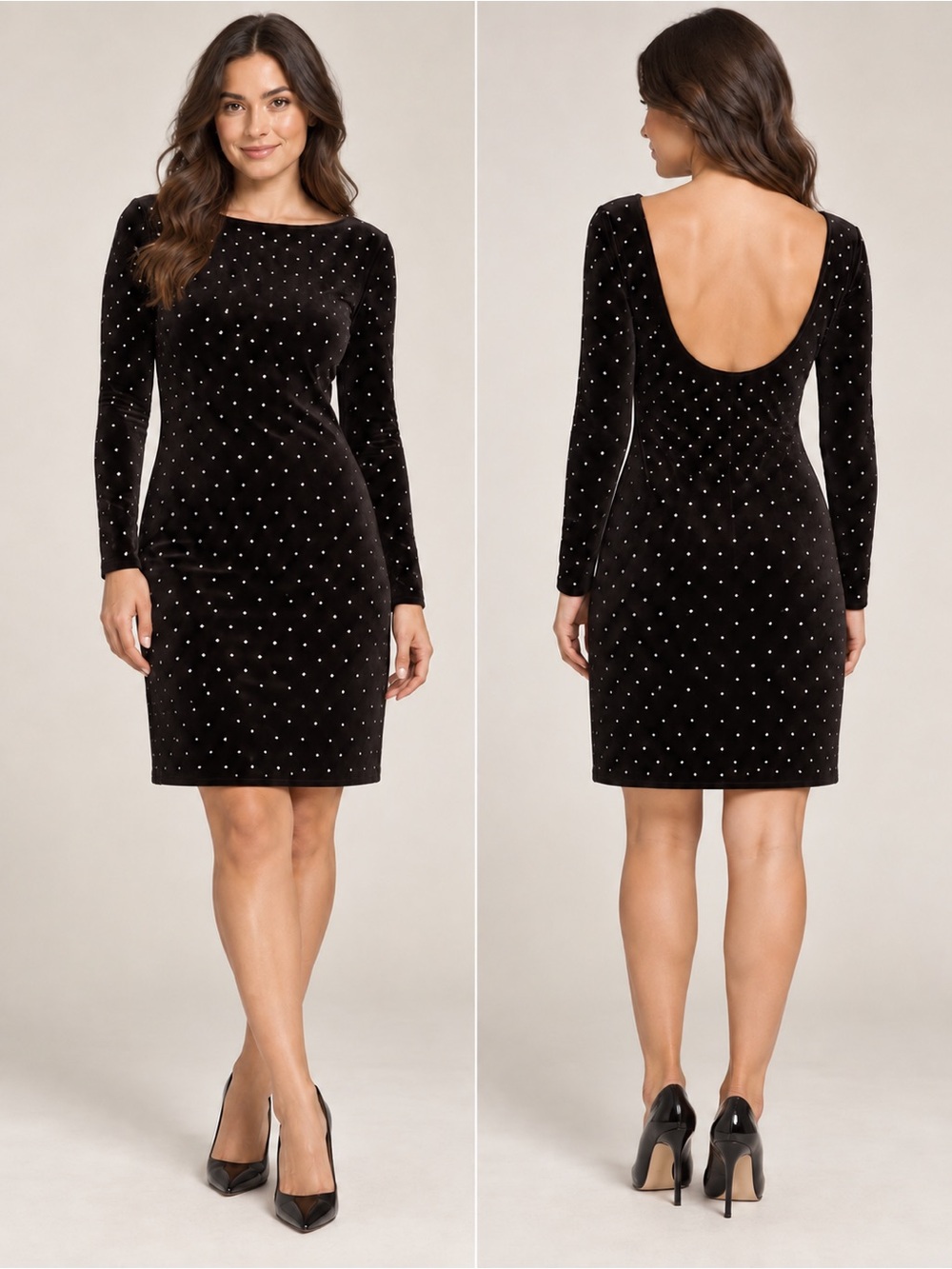 H&M Black Velvet Long-Sleeve Midi Dress with Crystal Studs